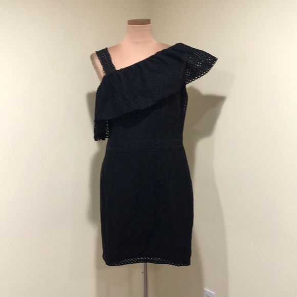 NWT ASOS Miss Selfridge Dress Size US 12 Black Eyelet Ruffle Sleeve Sheath - Picture 2 of 10